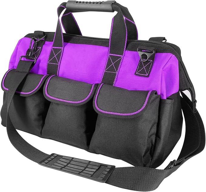 16-inch for women purple Tool Bag Non-slip feet adjustable shoulder strap 14 functional insert pockets,large capacity Men's heavy-duty toolbox,for electricians, carpentry,gardening (Purple)