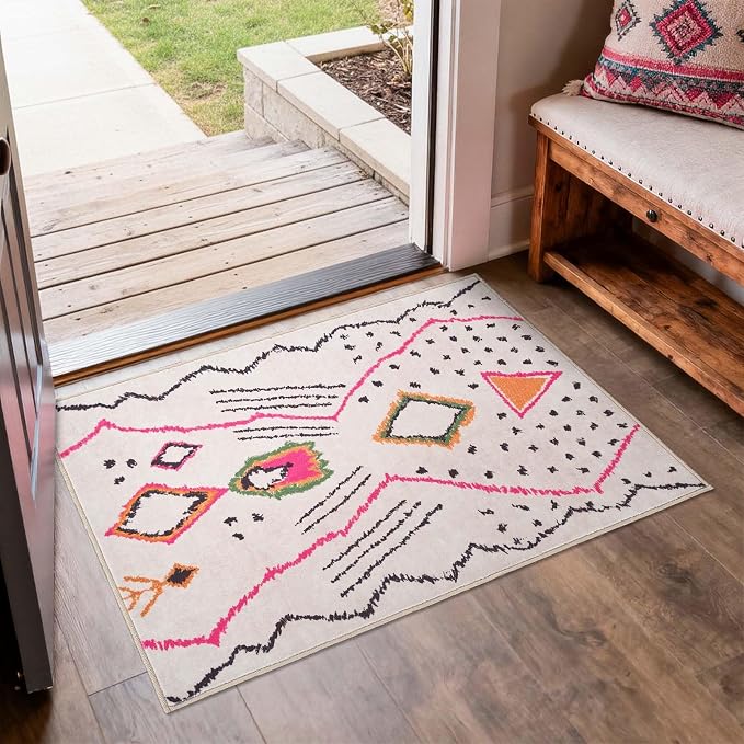 jinchan 2x3 Hot Nerd Rug Modern Boho Geometric Washable Entryway Rug，Beige | Abstract Pattern, Tribal Inspired, Diamond Accents, Washable, Soft Texture, Non-Slip, Low Pile, Kitchen, Bathroom