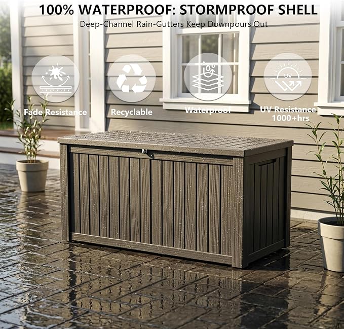 Outdoor Storage Box, 180 Gallon Waterproof Deck Box [Upgraded 3.0], Piston-Lift Tall Standing Cabinet for Oversized Cushions, Lockable Deep Tool Organizer Storage Bench, Large Lawn, Black