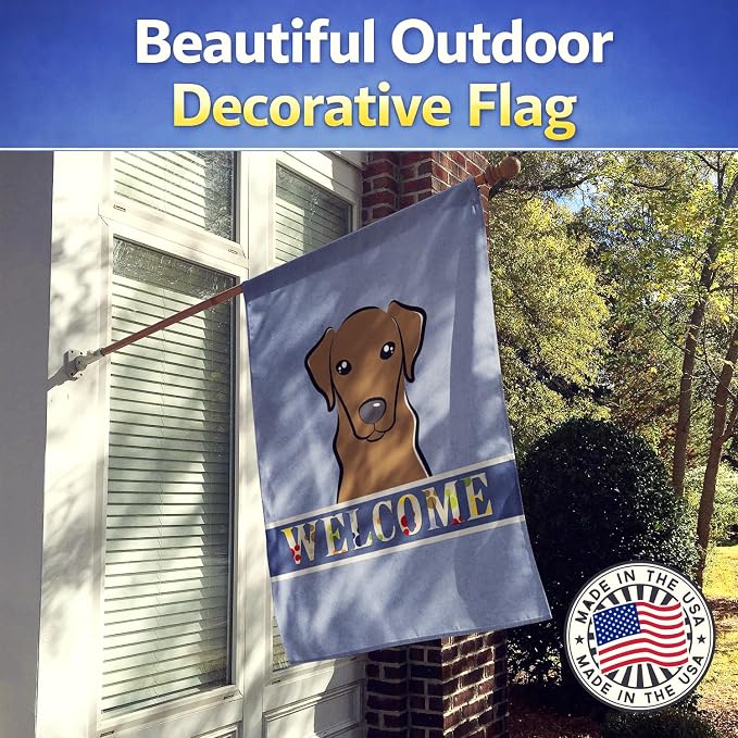 Caroline's Treasures BB1420CHF Chocolate Labrador Welcome House Flag, Blue Large Porch Sleeve Pole Decorative Outside Yard Banner Artwork Wall Hanging, Polyester, House Size, Multicolor