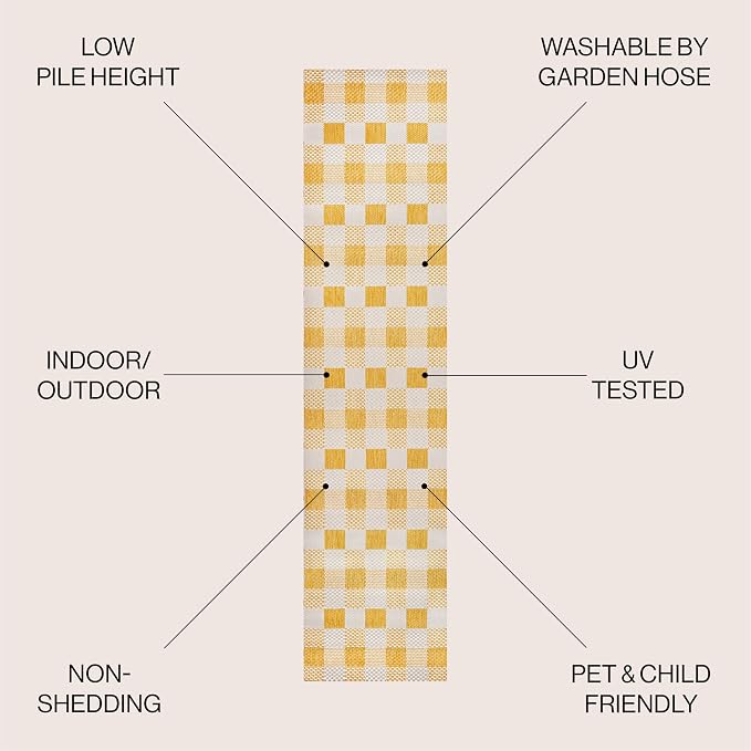 JONATHAN Y Geometric Bold Gingham Indoor Outdoor Runner Rug 2X8 Yellow/Cream, Darcy Traditional for Backyard, Patio, Porch, Easy-Cleaning, High Traffic, Pet-Friendly, Non-Shedding (TSN201D-28)