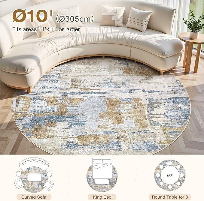 kakania Abstract 10x10 Round Rugs for Living Room: Circle Rugs 10FT Blue | Washable, Soft, Non-Slip, Low-Pile, Pet & Kid Friendly - Large Modern Home Decor Carpet for Bedroom/Dining Room/Nursery