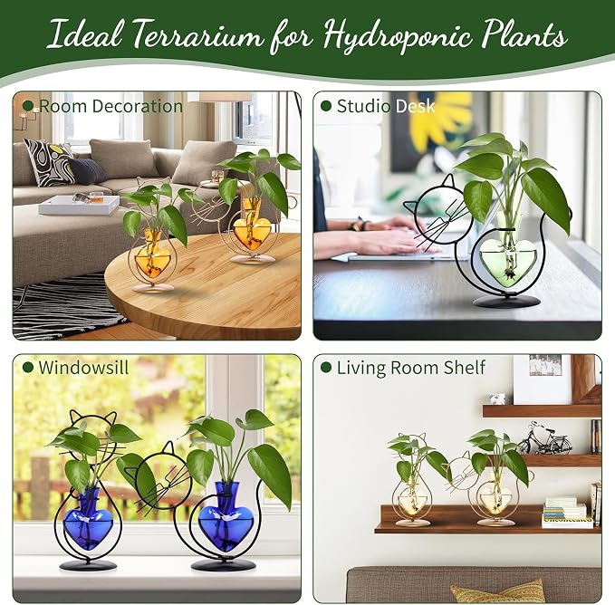 Plant Terrarium Plant Propagation Station Cat Lover Gifts for Women | Plant Lovers Home Office Decor Cat Desk Accessories