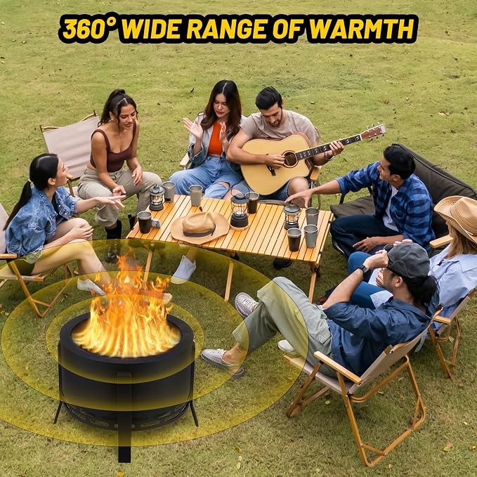 26 Inch Smokeless Outdoor Fire Pit, Outdoor Firepit Table with Removable Ash Pan,Bamboo Lid, Rainproof Cover,Portable Metal Firepit for Patio, Backyard, Camping