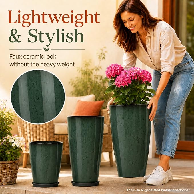 Neoaider Set of 3 Tall Planter, 24/21/12in Large Plastic Planter, DarkGreen | Ceramic-Look, Lightweight, Built-in Drain Hole, Saucers, Tall Outdoor Planter for Porch, Garden, Patio, Balcony
