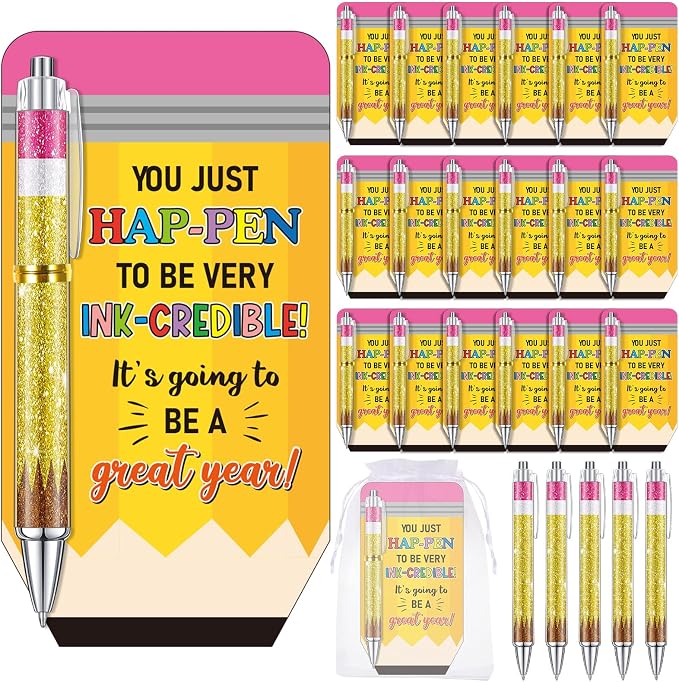 Marspark 30 Sets Back to School Student Gifts Bulk First Day of School Gifts Ballpoint Pens and Pencil Shaped Greeting Cards Set with Bag Twist Ties for Teacher Classroom Prizes Rewards Party Favors