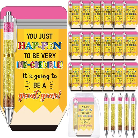 Marspark 30 Sets Back to School Student Gifts Bulk First Day of School Gifts Ballpoint Pens and Pencil Shaped Greeting Cards Set with Bag Twist Ties for Teacher Classroom Prizes Rewards Party Favors