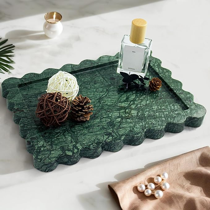 YMXYJM Genuine Indian Green Scalloped Marble Tray, Real Natural Marble Stone Trays, Luxury Decorative Trays for Bathroom, Dresser, Vanity, Home Decor, 10.6" x 8", Dark Emerald Green