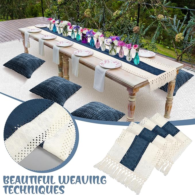 Beeveer Extra Large Outdoor Boho Picnic Blanket 91'' x 71'' Blue Table Runner 6 Throw Pillow Cover Woven Cotton Yarn Oversize Beach Blanket Washable for Picnic Camp Wedding