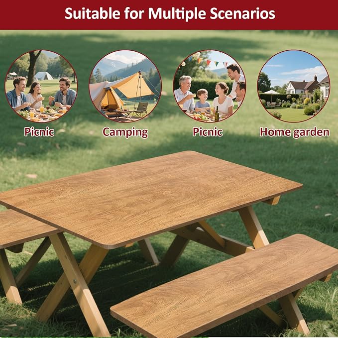 8ft Picnic Table and Bench Cover, Camping Essentials RV Gear, 96 in Waterproof Windproof Outdoor Elastic All Around Tablecloth, Fitted Rectangle Tables and Seats, Wood Grain