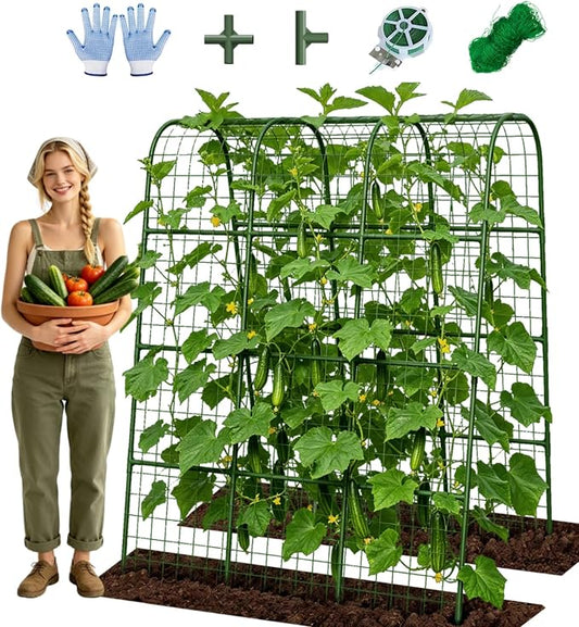 63" H x 47" L x 23" Cucumber Trellis for Raised Beds, Heavy Duty Metal Garden Arch Trellis with Nylon Net & Plant Ties, Vertical Trellis for Climbing Plants, Cucumbers, Tomatoes, Peas & Vines