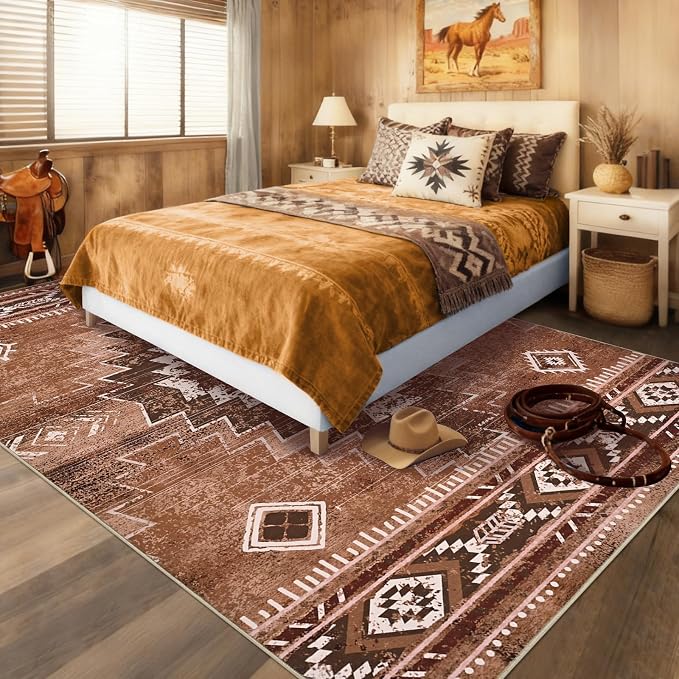 Yinhua Western Living Room Rug 5x7, Moroccan Washable Rug for Bedroom | Aztec Brown Rugs Non Slip Low Pile, Soft Non-Shedding Carpet for Nursery Classroom Office