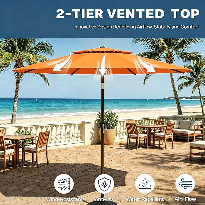 10FT Patio Umbrella, 2 Tier Outdoor Table Umbrella, Large Vented Market Umbrellas with Push Button Tilt and Crank, 8 Sturdy Ribs for Backyard, Deck, Pool, UPF50+ UV Protection
