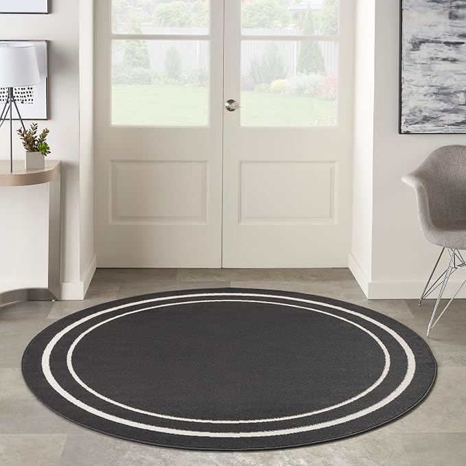 Nourison Home Nourison Essentials Black Ivory 4' x Round Area Rug - Easy Clean, Non Shedding, Bed Room, Living Room, Dining Room, Kitchen (4' x Round)