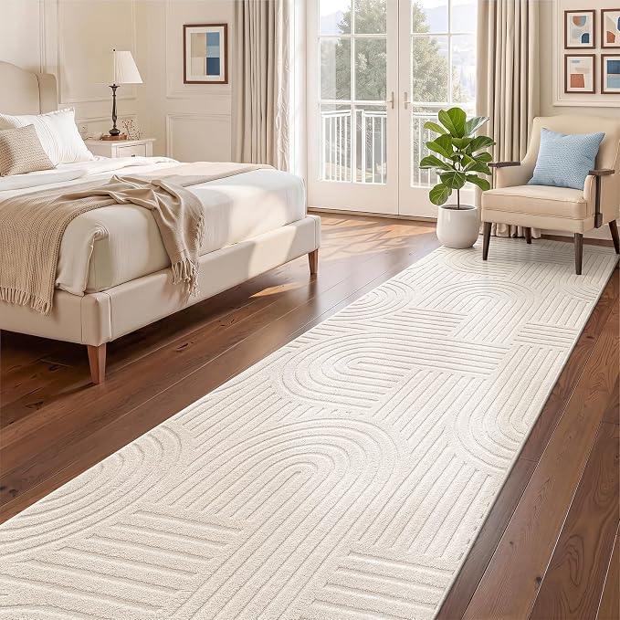 SHACOS Soft Cozy Fluffy Arch High Low Pile Runner Rugs 3x10 ft Non Slip Washable Scandinavian Minimalist Area Rug Runner Modern Carpet for Living Room Hallway Bedroom Bathroom Kitchen, Beige