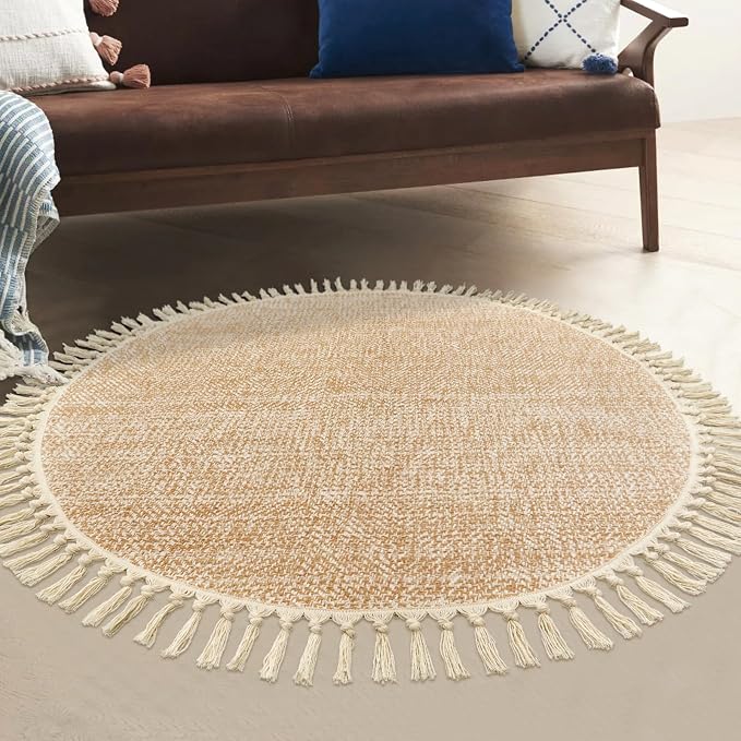 Hand Woven Circle Area Rug, Soft Hand Woven Cotton Washable Carpet | 4ft Modern Farmhouse Rugs with Tassels, Tan/Cream Round Rugs for Bedroom Living Room Dining Room Table Office