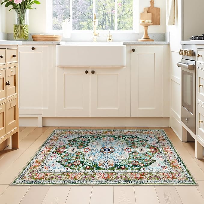 U'Artlines 2'x3' Boho Hallway Runner Rug Non Slip Washable Runners,Green | Vintage Farmhouse Kitchen Rug Accent Area Carpet for Entryway Laundry and Living Room