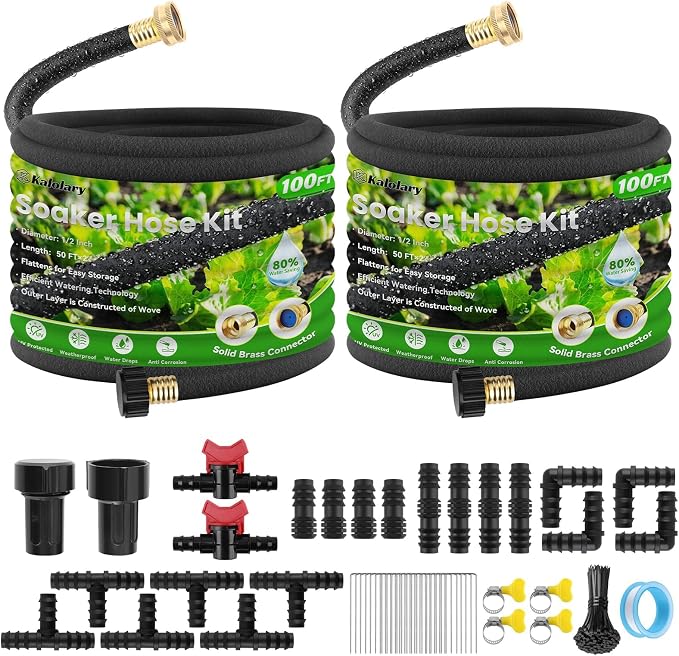 Kalolary 100FT Soaker Hose Kit 1/2" Drip Hose for Garden 80% Water Saving Drip Hose with Connectors Valve End Plug Drip Irrigation System Kit for Flower Bed Lawn Garden