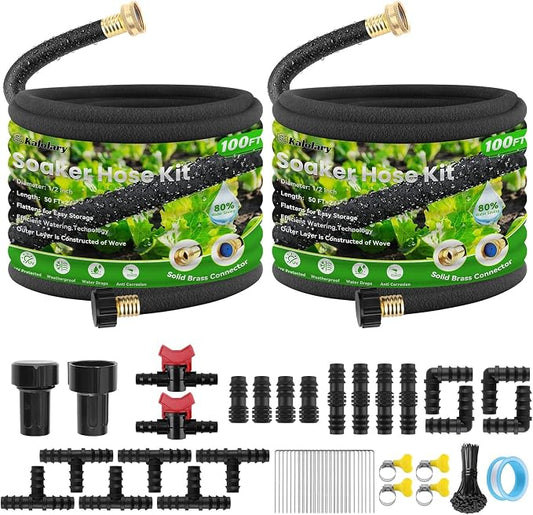 Kalolary 100FT Soaker Hose Kit 1/2" Drip Hose for Garden 80% Water Saving Drip Hose with Connectors Valve End Plug Drip Irrigation System Kit for Flower Bed Lawn Garden