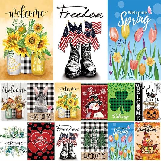 Seasonal Garden Flags Set of 12 Double Sided 12 x 18 Inch Yard Flags, Small Garden Flags for Outside, Fall Winter Halloween Christmas Outdoor Flags, Holiday Flags for All Seasons