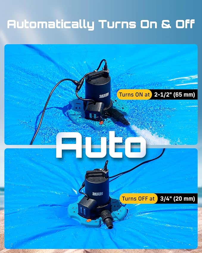 SEESII Auto 2-in-1 Pool Cover & Submersible Water Pump, 1/3 HP | 3035 GPH Sump Pump, Smart Auto On/Off, Clog-Free Net. Ideal for Pools, Flooded Basements, Hot Tubs & Garden Ponds