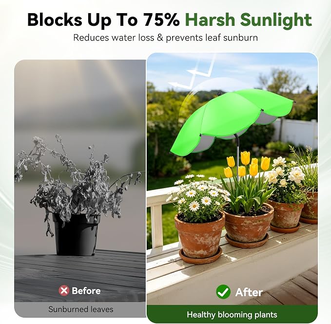 1Pack Plant Umbrellas for Outdoor Plants, Upgraded 360° Rotating 3-Prong Ground Stake for Stronger Grip, Stable Garden Shade Umbrella for Flowers, Vegetables, Fruit Trees, Raised Beds & Planters Green