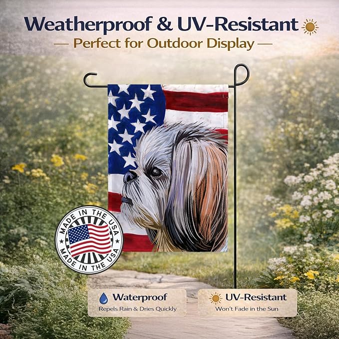 Caroline's Treasures CK6705GF Shih Tzu Dog American Flag Garden Flag Mailbox Flag Decorative Yard Flag Banner Outside Patio Artwork Yard Flower Beds, Garden Size, Multicolor