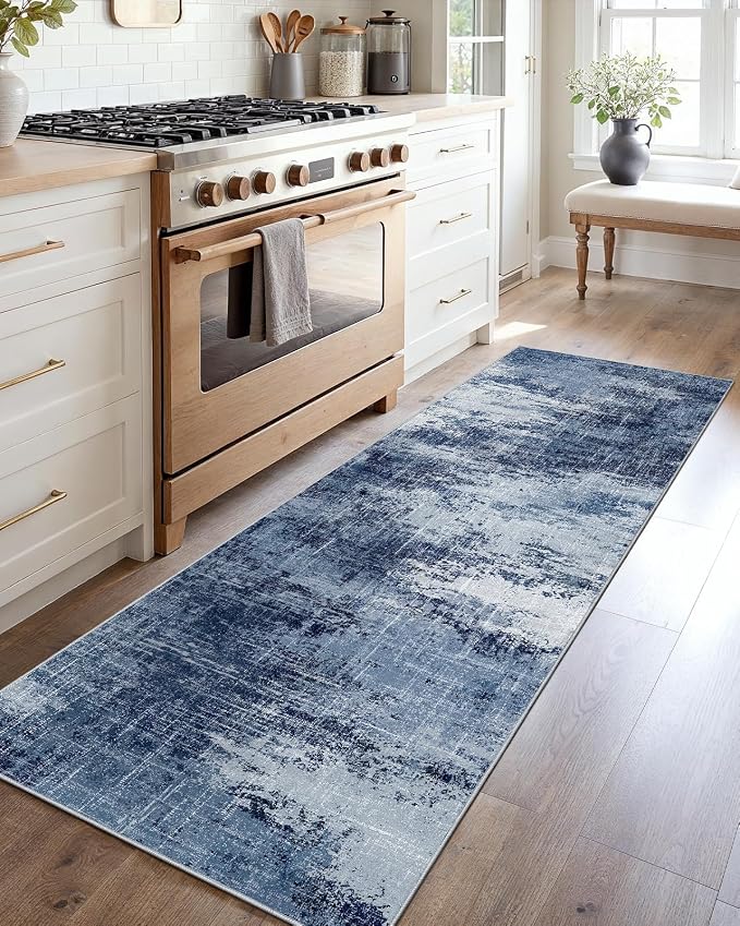 Runner Rugs for Hallway 2x5, Modern Abstract Machine Washable Runners for Kitchen Entryway Bathroom, Low Pile Lightweight Thin Non Slip Runner Rug, Dark Blue