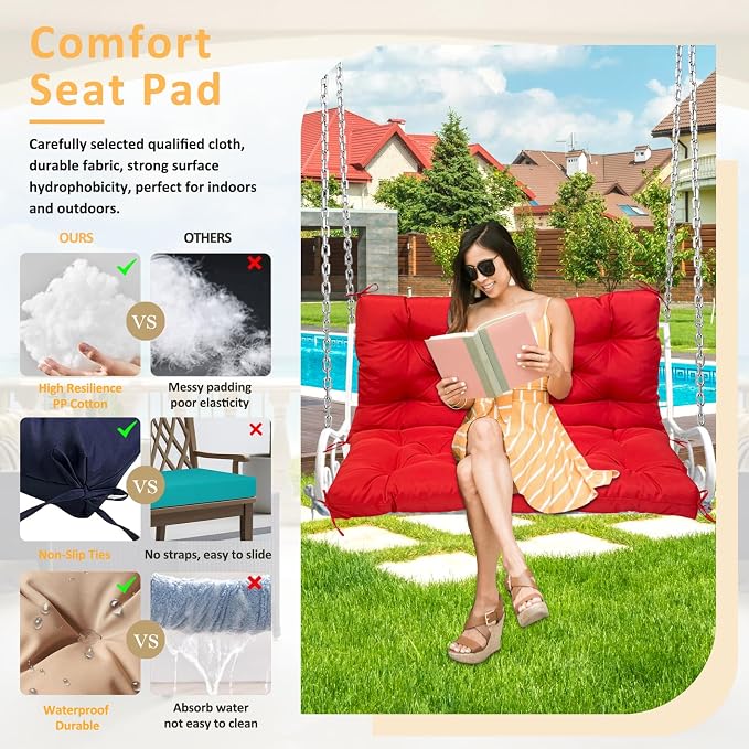 Swing Replacement Cushions for Outdoor: 2-3 Seater Waterproof Porch Bench Cushion with Backrest and Ties - 4" Thick Swing Cushion for Garden Patio Backyard Loveseat