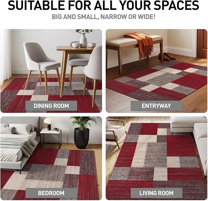 Rugshop Modern Boxes Non-Slip Living Room Bedroom Area Rug Red 20" x 30" | Rectangular, Size 20" x 30", Dining Room, Home Office, Kitchen, Entryway, Hallway, Nursery, Kids Room, Guest Room