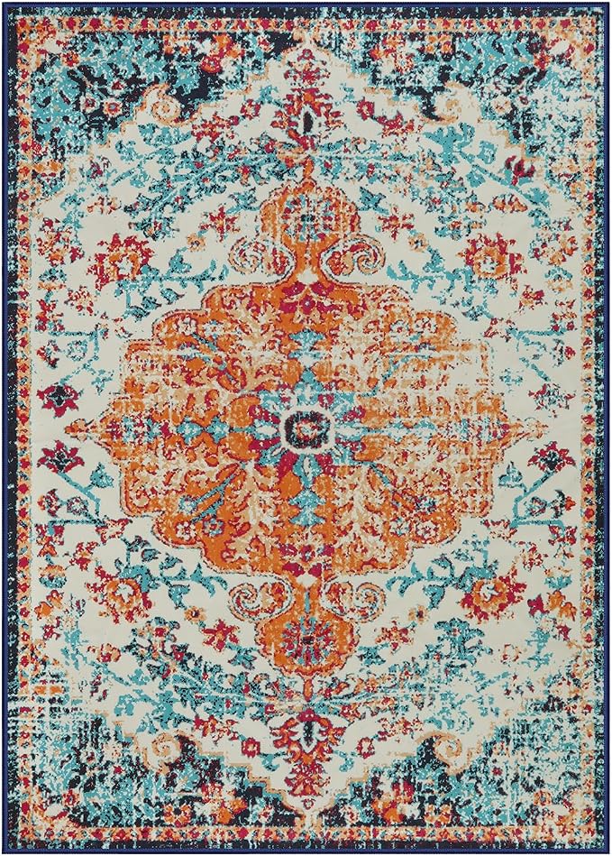 Lahome Bohemian Floral Medallion Area Rug - 5x7 Oriental Distressed Large Bedroom Rug, Soft Non-Slip Washable Dining Room Mat Indoor Throw Nursery Floor Carpet for Guest Room Entryway