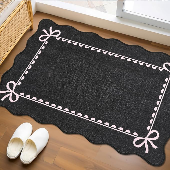 GarveeHome Scalloped Entryway Rug 2x3 Washable Bow Rug, Black Pink | Non Slip Soft Low Pile Ultra-Thin Stain Resistant Indoor Carpet for Girls Dorm Nursery Bedroom Decor Hallway Kitchen Floor