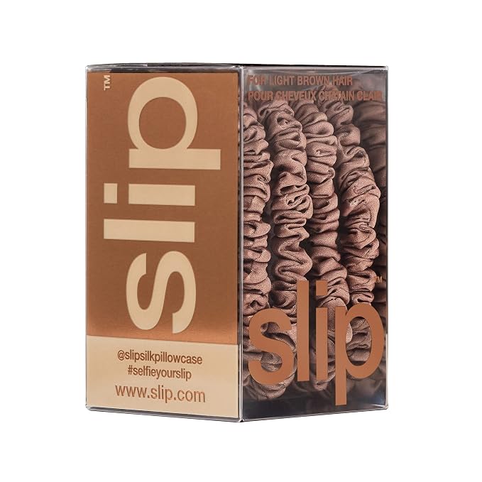 Slip Silk Hair Ties — Skinny Silk Light Brown Scrunchies, No Damage, No Crease, Anti-Breakage |100% Mulberry Silk | All Hair Types | Made with Proprietary Slipsilk™ | Set of 4