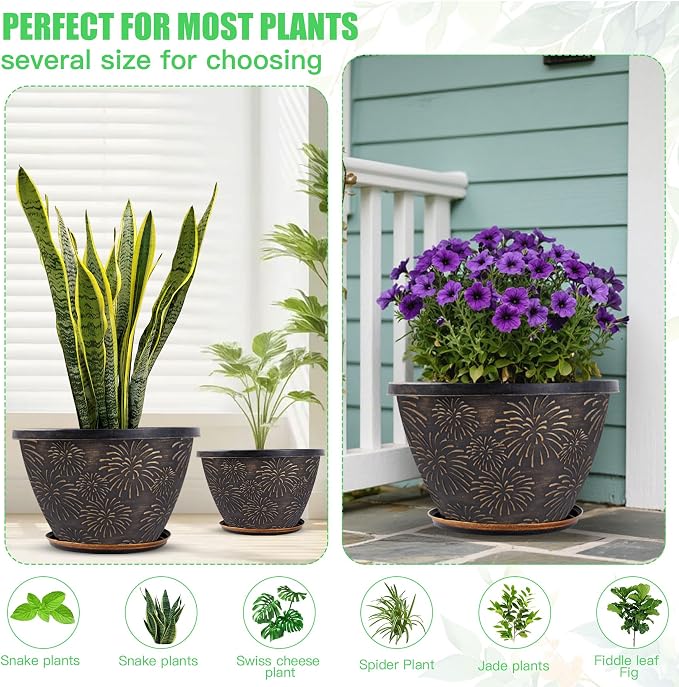 Nooulap 4 Pack 12 Inch Plant Pots with Drainage Holes and Saucers, Large Plastic Flower Pots for Outdoor Indoor Medium Planters, Shrubs Home Garden Patio Decor, Antique Gold Firework Embossed Design
