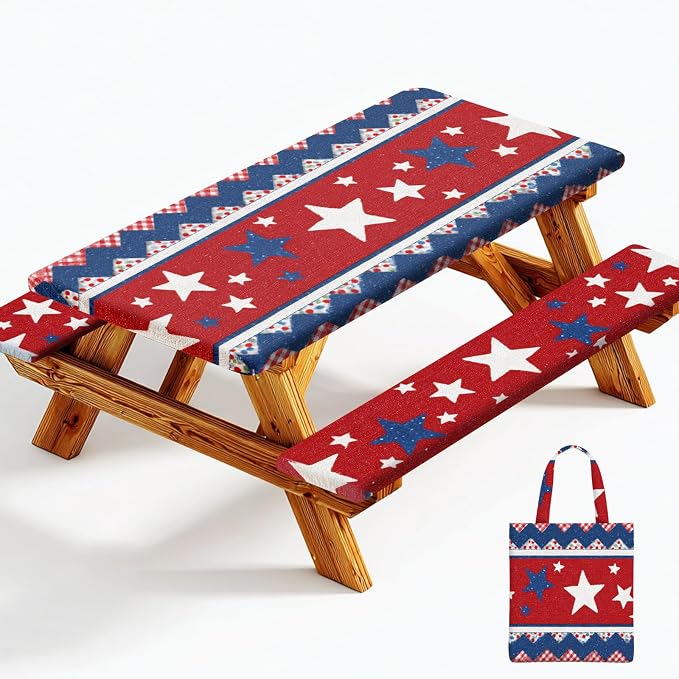 Picnic Table Cover with Bench Covers Elastic Edges, Outdoor Patio Camping Essentials 72 Inch 3PCS, Waterproof Camping Fitted Tablecloth with Handbags (Red White Blue Star Stripe)