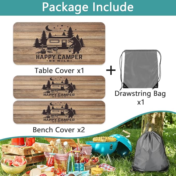 Picnic Table Cover with Bench Covers, Waterproof Windproof Fitted Outdoor Tablecloth with Elastic Rectangle Table Camping Must Haves Rv Accessories, 72in, Brown Wooden