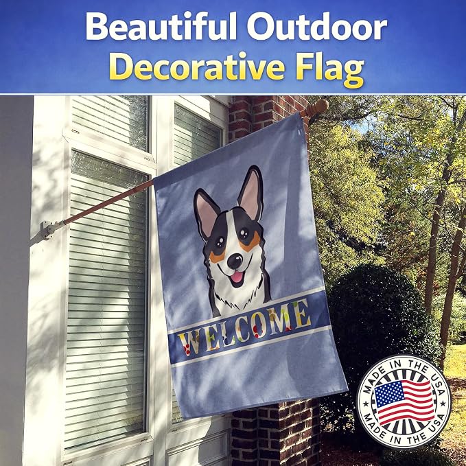 Caroline's Treasures BB1441CHF Tricolor Corgi Welcome House Flag, Blue Large Porch Sleeve Pole Decorative Outside Yard Banner Artwork Wall Hanging, Polyester, House Size, Multicolor
