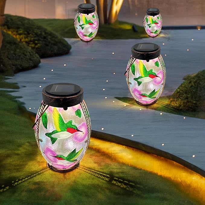 Hummingbird Solar Lanterns Glass & Metal Hanging Solar Lantern Outdoor Waterproof 13.8" H Tabletop Light for Garden Patio Table Decor Mother's Day Gift