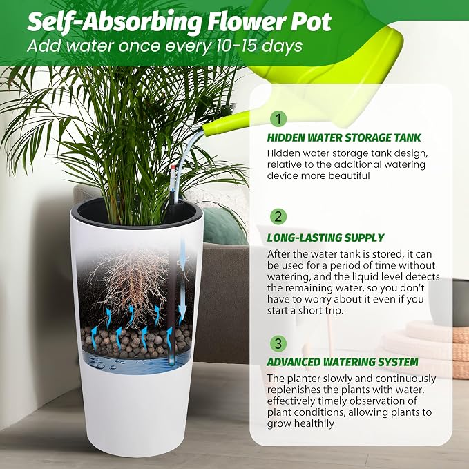 Garvee Tall Planters for Outdoor Plants, 30 in Large Planters Set of 2, Outdoor & Indoor Planters with Water Level Monitor ＆ Inner Bucket, Automatic Watering, for Porch, Patio, Backyard, White