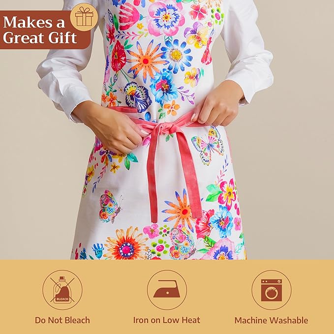 Maison d' Hermine Aprons for women with Pocket 100% Cotton (27.50"x31.50") | Adjustable Neck Strap & long ties Apron Men Chef Wedding Cooking Gardening Server Maid