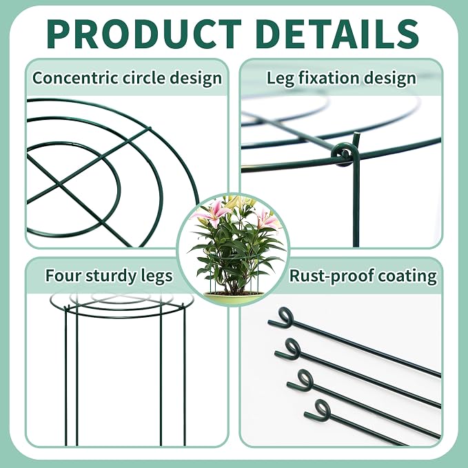 8 Sets Peony Support Cage,14"Diax32"High Heavy Duty Metal Plant Support,Grow Through Hoops Grids with 4 Thickened 5mm Legs,Strong Support Brace for Heavy Blossoms,Flower Support Ring for Peonies,Rose