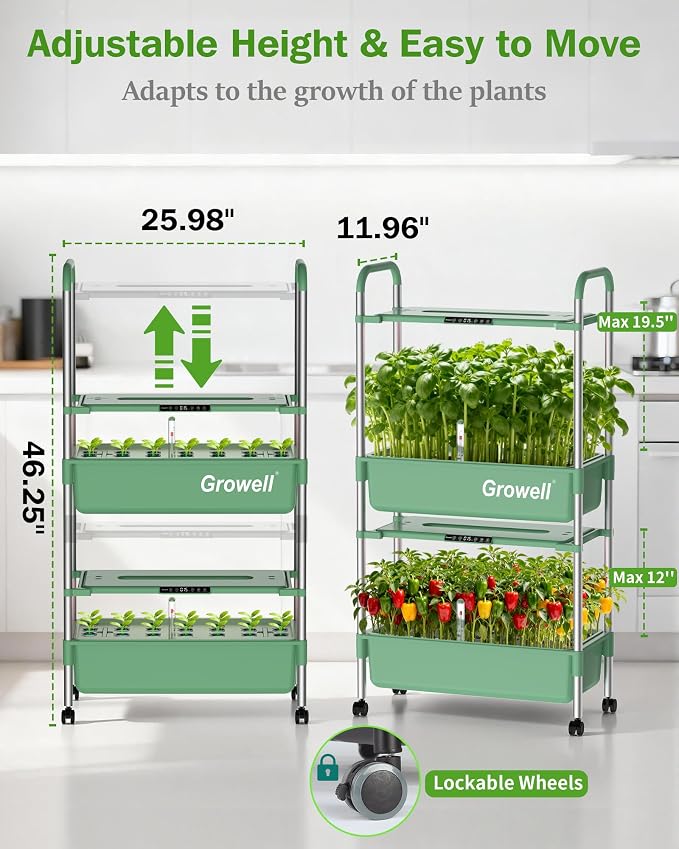 Growell 54 Pods Hydroponics Growing System Kit with Independent Water Pump | Vertical Indoor Herb Garden with 2 Light Modes & 2 Timer, Smart Water Circulation, 28L Water Tank, Movable & Space-Saving