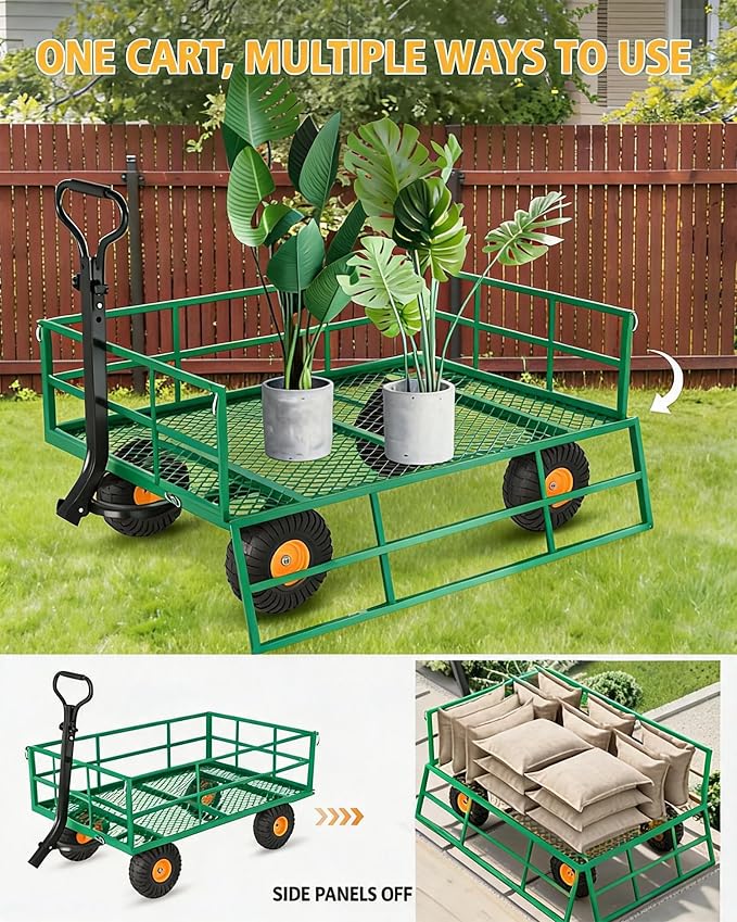 GarveeLife Heavy Duty Steel Garden Cart 1200 LBS Capacity 3 in 1 Pullable Garden Wagon with 13 in Wheels for Gardening Soil, Tools, and Plant Transport
