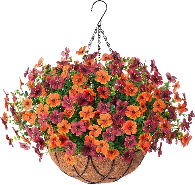 INXUGAO Artificial Silk Flowers Hanging Baskets for Outdoors Indoors, Daisy with Eucalyptus Leaves Arrangement for Garden Yard Decor, Faux Green Plant in Metal Coconut Lining Flowerpot(Orange Brown)