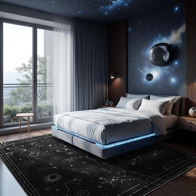Nayoroom Celestial Starry Night Black Area Rug, Machine Washable, 8 x 10 ft | Moon phases and star motifs; Gothic black palette; Soft surface; Machine washable; Non-slip backing; Bedroom or living room