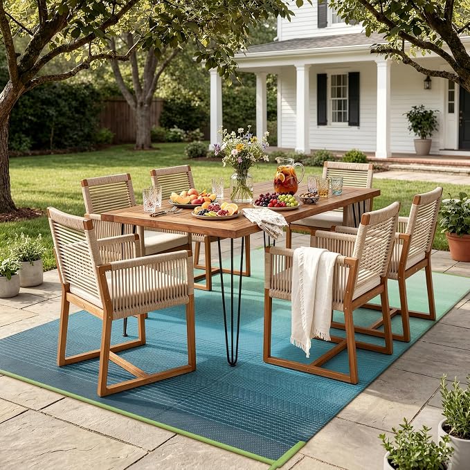 Lahome Outdoor Plastic Straw Rug 5x8, Reversible Waterproof Outdoor Rug Rv Outdoor Mats for Camping Large Carpet for Porch, Deck, Camper, Balcony, Picnic, Blue-Green 5x8