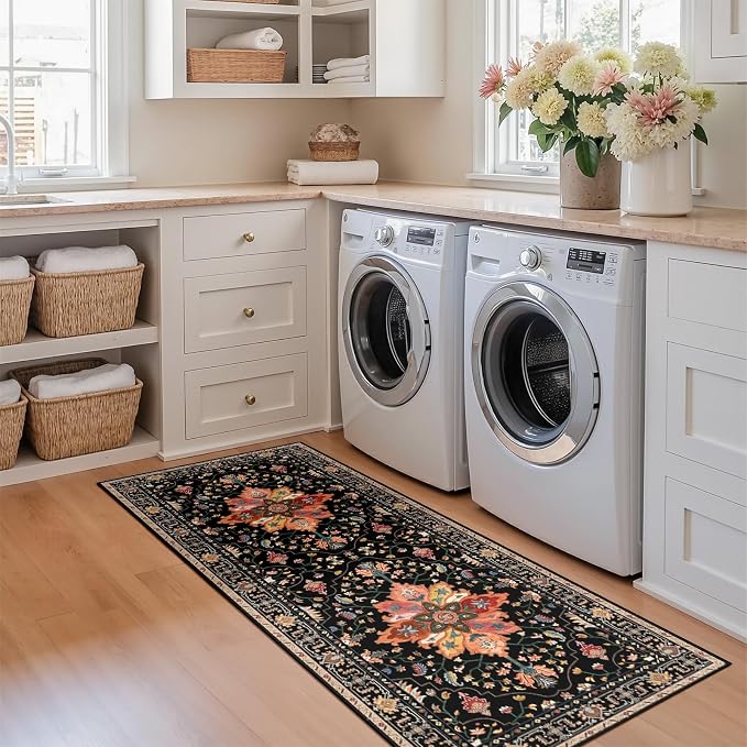 RELEANY Washable Area Rug, Runner 2'x5', Black/Colorful | Non-Slip, Water Repellent, Pet Friendly, Easy to Clean, Vintage Floral Boho Decor for Kitchen Entry Bedroom Bedside Laundry