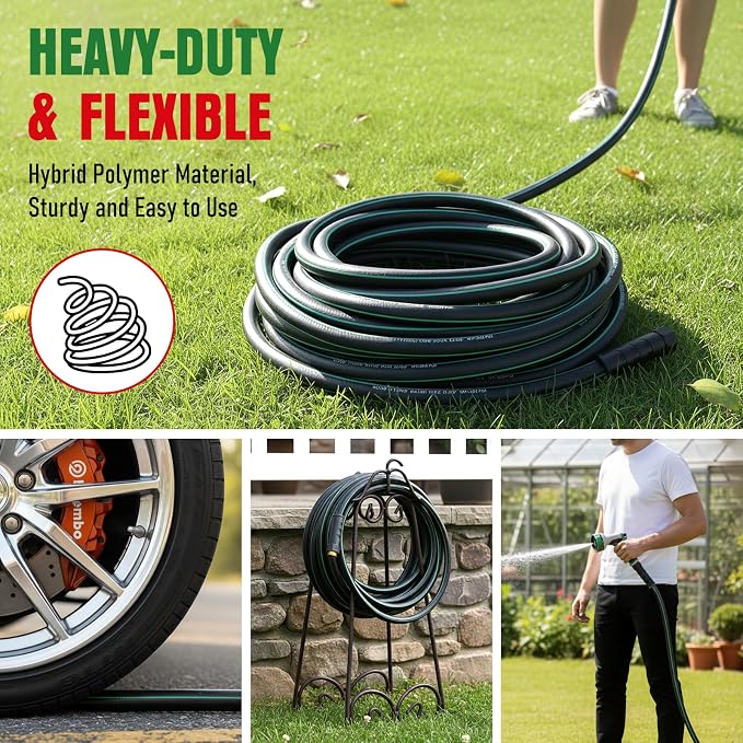 Garden Hose 50 ft x 5/8" with Nozzle, Water Hose Heavy Duty Flexible, Lightweight Kink-less Hybrid Hose with Swivel Handle, Male to Female Fittings
