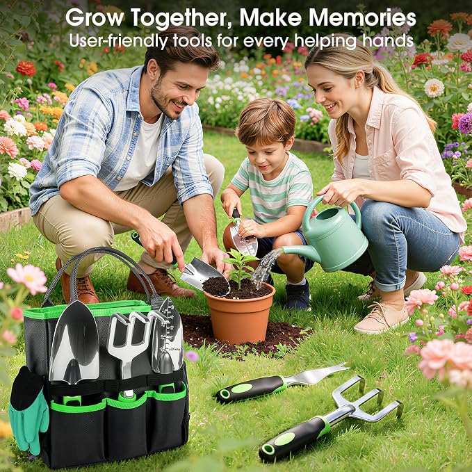 WOWBOX Garden Tools Set - 10 PCS, Heavy Duty Gardening Hand Tools Kit with Storage Tote, Rust-Resistant Gardening Supplies for Planting with Non-Slip Ergonomic Handle for Women and Men (Green)