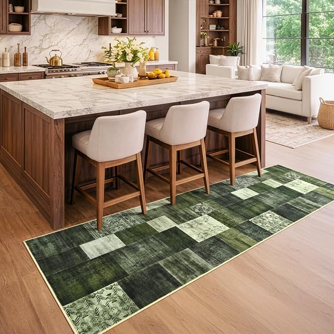 Runner Rug for for Hallways, 2'x6' Washable Kitchen Rugs with Non Slip Rubber Backing, Soft Low Pile Non-Shedding Geometric Carpet for Laundry Bedroom Bathroom, Green